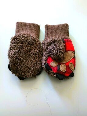 Baby Gap Bear Paw Mittens Small Red Black Buffalo Plaid Brown Plush Gloves